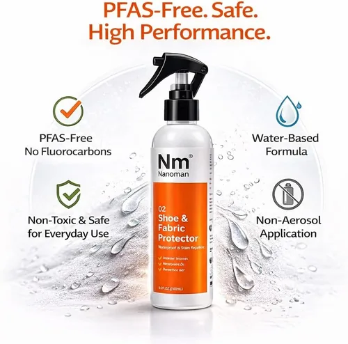 Vista 7 de NANOMAN Spray repelente al agua/impermeable para zapatos y tela, incluido ante de cuero nobuck y ecológico. Fórmula nanotecnológica libre de alcohol
