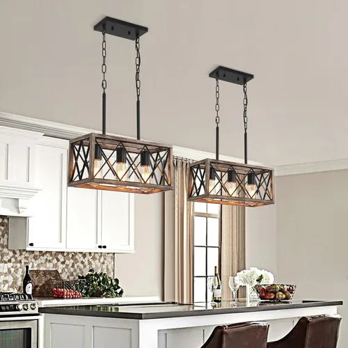 Vista 6 de KEESFU Iluminación de isla de cocina de granja, accesorios de iluminación colgante de 3 luces, altura ajustable, luz industrial para comedor de sala
