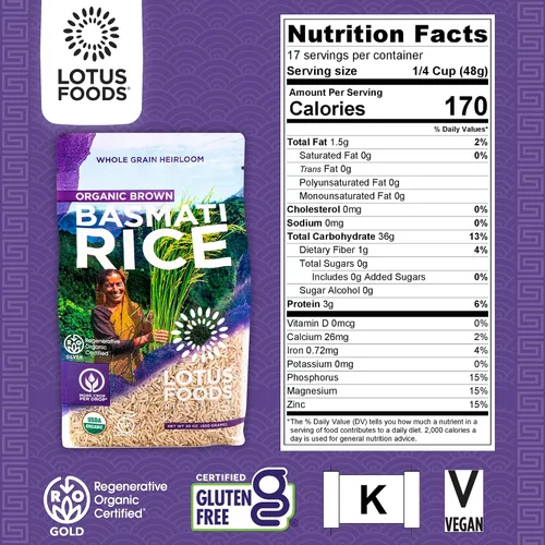 Vista 2 de Lotus Foods Regenerative - Arroz basmati integral orgánico – Arroz tradicional de grano entero sin gluten, vegano, sin OMG, uso para curry
