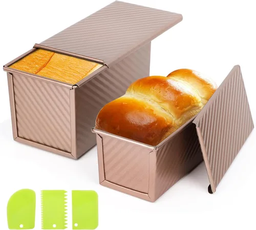 Vista 8 de Beasea Pullman - Molde para pan con tapa, paquete de 2 moldes pequeños antiadherentes para pan de 0.5 lb, acero al carbono, mini caja para pan Negro