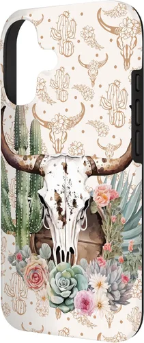 Vista 2 de Western Boho Chic Longhorn Bull Skull Cactus Beige Pattern Case for iPhone 17