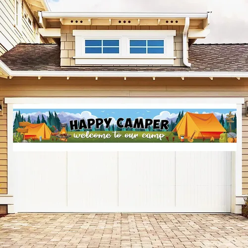 Vista 6 de Cartel de fondo de Happy Camper con 118.1 x 19.6 pulgadas, tela de poliéster de tamaño largo, letrero de telón de fondo para camping, suministros