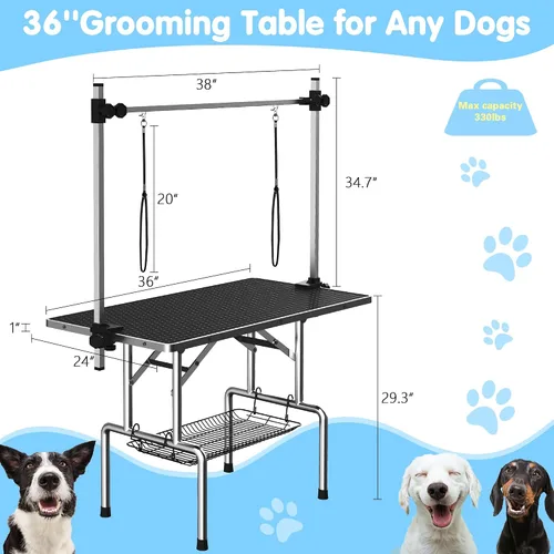Vista 6 de Lyromix Mesa de Aseo para Perros Grande de 36'', Escritorio de Secado para Gatos Ajustable con Brazos, Lazos, Bandeja de Malla, Estación Plegable