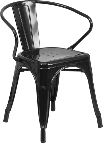 Vista 5 de EMMA + OLIVER Juego de mesa rectangular de metal negro para interiores y exteriores, 4 sillas con brazos