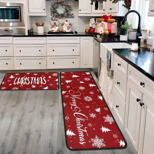 Vista 13 de Juego de 2 alfombras y tapetes de cocina navideños, decoraciones navideñas para el hogar con respaldo antideslizante, alfombra de cocina