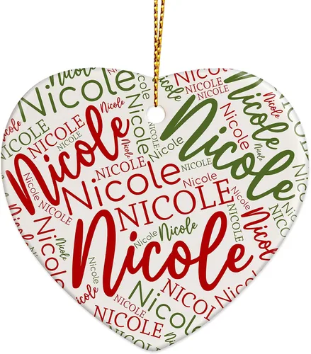 Vista 3 de Adornos de Navidad personalizados de corazón, adorno de cerámica con palabra de nube de nombre, 3 pulgadas, decoraciones personalizadas para árbol