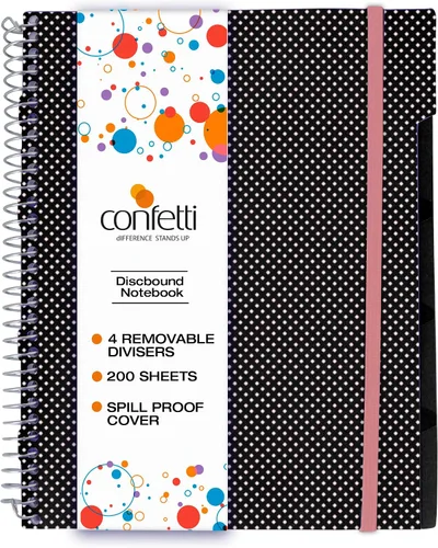 Vista 16 de Confetti Cuaderno de espiral – 4 separadores extraíbles, cubierta a prueba de derrames, banda elástica de cierre, bolsillo de almacenamiento – Bloc