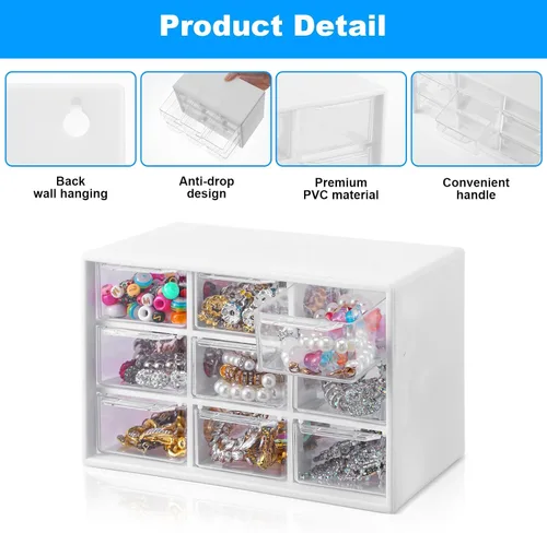 Vista 4 de 2 mini organizadores de cajones de plástico con 9 cajones transparentes, pequeños compartimentos de almacenamiento de escritorio blancos