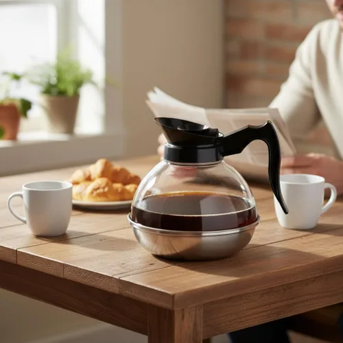 Vista 2 de TrueCraftware - Decantador de café de 64 onzas con base de acero inoxidable, cuerpo de policarbonato con mango de plástico negro- Dispensador