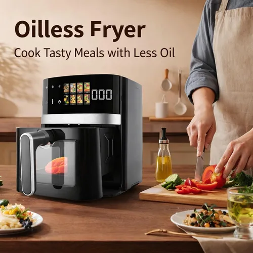 Vista 4 de Freidora sin aceite de 5 cuartos de galón, cocina eléctrica de gran capacidad con ventana visual y pantalla a color, totalmente automática, ocho