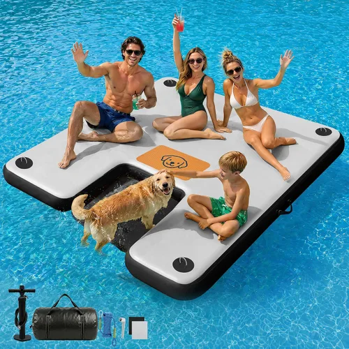 Vista 13 de AWEMUFA Muelle flotante inflable con rampa de 5 pies/6 pies/8 pies/10 pies, plataforma flotante flotante, tapete flotante de isla flotante, flotador