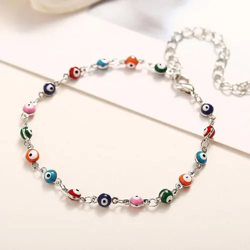 Vista 4 de Tobillera de ojo malvado de plata con cuentas de mal de ojo, joyería de pie de moda para la playa para mujer, Plata