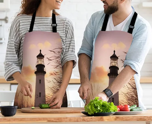 Vista 3 de Delantal de Cocina Faro con Puesta de Sol Delantal para Hornear en Casa Chef Delantal Impermeable para Mujeres y Hombres 31X27 Pulgadas