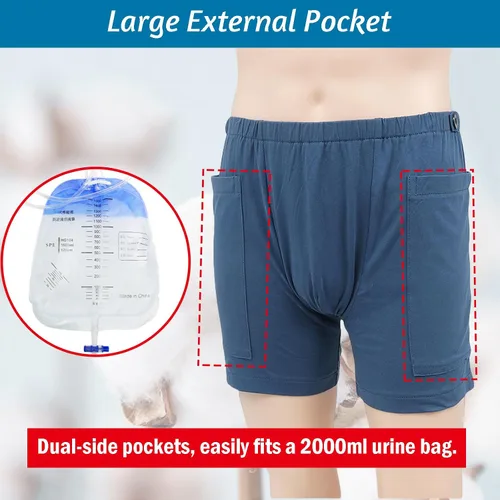 Vista 2 de Pantalones de ostomía para hombre para bolsa de orina, ropa interior de incontinencia posoperatoria con bolsillo de drenaje, algodón transpirable