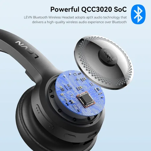 Vista 3 de LEVN Auriculares Bluetooth, auriculares inalámbricos con micrófono y botón de silencio, 60 horas de tiempo de conversación, auriculares