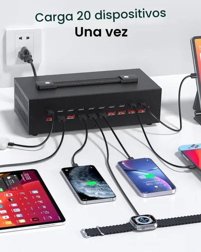 Vista 2 de Estación de carga USB-C de 200W, bloque de cargador USB de 20 puertos (10 USB A y 10 USB-C), estación de carga rápida para múltiples dispositivos