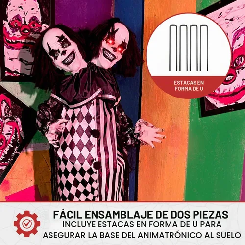 Vista 9 de Haunted Hill Farm - Payaso animatrónico de dos cabezas que habla aterrador de 5.5 pies Life-Size 5.5-Ft Talking Two-Headed Clown, Touch Lights and