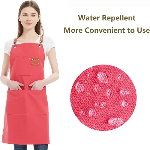 Vista 2 de AFUN Delantales de chef para mujeres y hombres con bolsillos grandes, delantal de trabajo repelente al agua de lona de algodón, talla M a XXL (rosa)