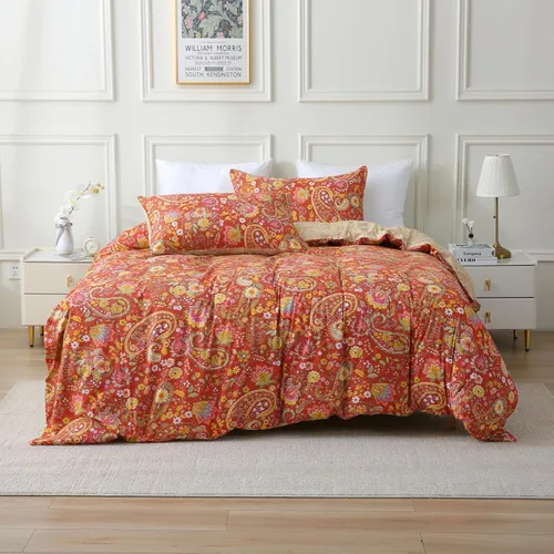Vista 21 de ABREEZE Juego de ropa de cama de 3 piezas, estilo bohemio, retro, étnico, vintage, floral, ropa de cama bohemia, 100% algodón cepillado, damasco