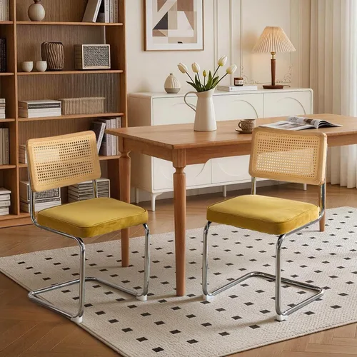 Vista 13 de Upholstered Velvet Dining Chairs Set of 2, Mid Century Modern Armless Upholstered Dining Chair with Rattan Back Stainless Chrome Frame for Dining