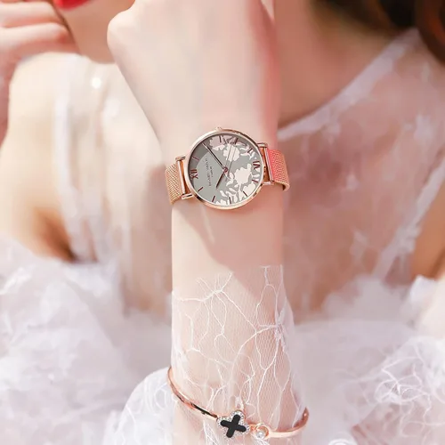 Vista 4 de RORIOS - Reloj de pulsera para mujer con esfera de flores y correa de malla de acero inoxidable analógico de cuarzo para mujer