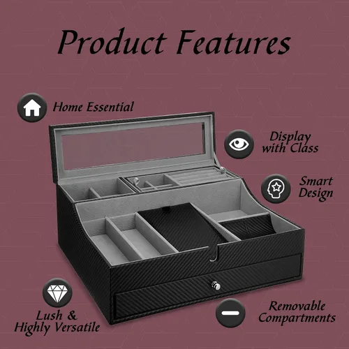 Vista 3 de Bandeja organizadora elegante para hombre para teléfono relojes lentes de sol joyas cartera anillos collar