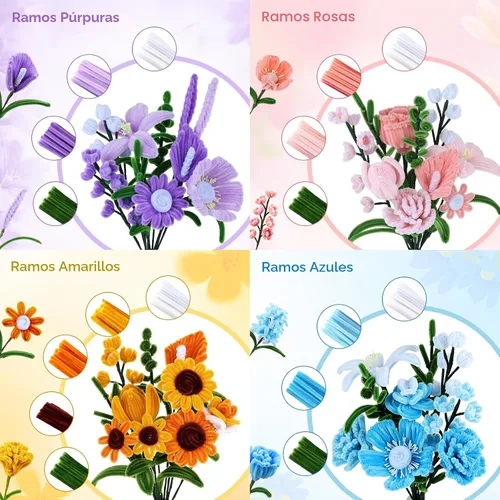 Vista 2 de Kit de Flores de Limpiapipas, 540 Piezas de Limpiapipas para Manualidades con Libro Guía de 15 Diseños, Kit para Hacer Flores con Tallos de Chenille