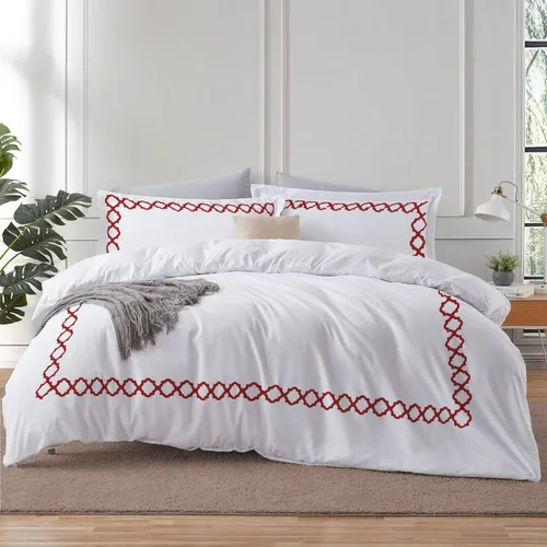 Vista 29 de BedDecor: Enchanted Oasis - Juego de funda de edredón de 3 piezas de 600 hilos de algodón egipcio con bordado de cuadrifolio, ultra suave