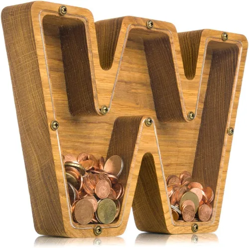 Vista 6 de Alcancía de madera personalizada con letra para niños, niñas y adultos, bancos de monedas de madera de roble duradero, 3 tamaños para elegir