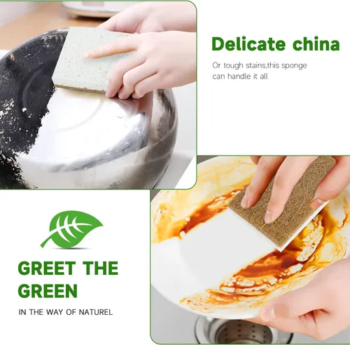 Vista 4 de Paquete de 10 esponjas naturales biodegradables para cocina, esponja compostable de celulosa y nuez de coco, esponjas ecológicas para platos