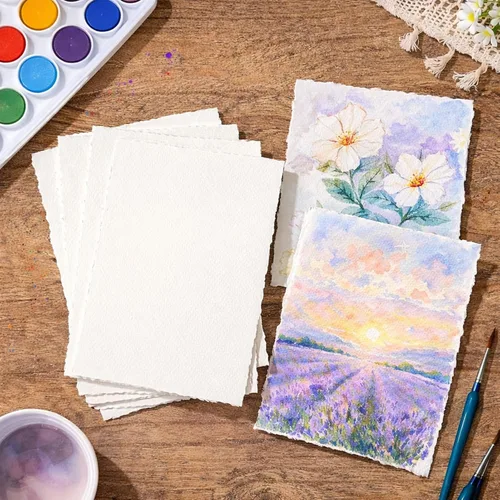 Vista 6 de 60 hojas de papel de acuarela de algodón blanco de 300 GSM, borde texturizado de 5 x 7 pulgadas, ideal para invitaciones de boda, acuarelas 60 Piezas