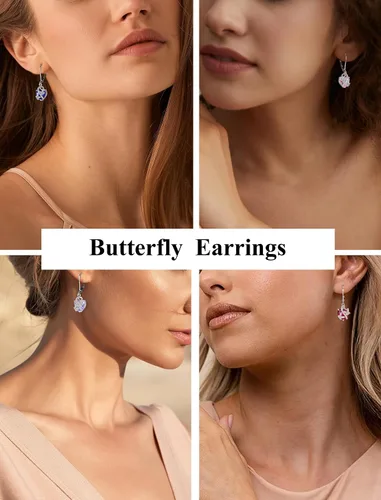 Vista 3 de Aretes de mariposa para mujer, plata de ley 925, aretes de corazón con piedra natal