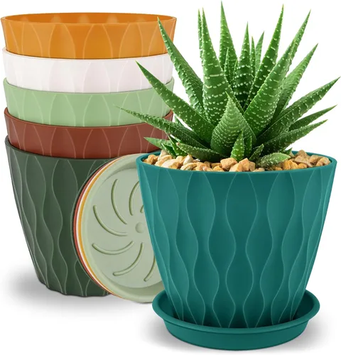 Vista 11 de YNNICO Macetas de 8 pulgadas, paquete de 6 macetas de plástico con drenaje Macetas de plástico ligeras y multicolor para jardín para plantas