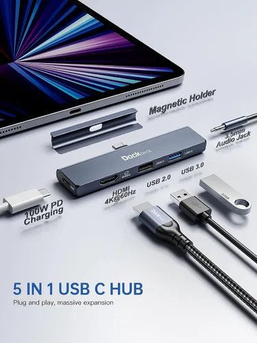Vista 2 de Adaptador de Hub Multipuerto USB C para iPad Pro - Dockteck USBC Hub 5 en 1 con PD de 100W, HDMI 4K 60Hz, Audio, USB 3.0, Dock USB C con Agarre