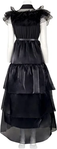 Vista 4 de Hqroidd Vestido de Wednesday Addams para mujer, disfraz de fiesta de graduación, falda de tul de malla negra con cinturón, disfraz de Halloween