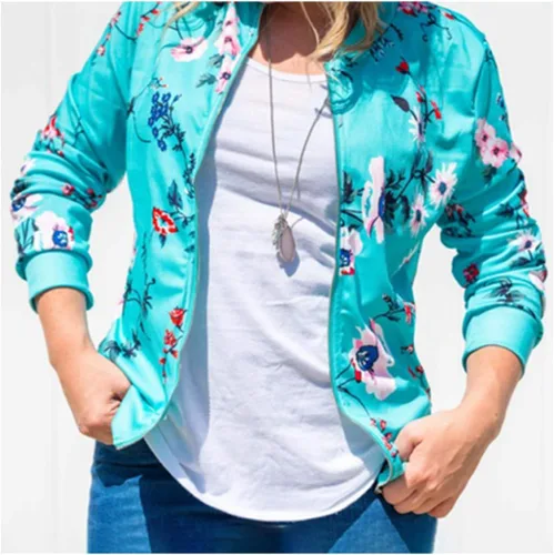 Vista 3 de Women Casual Floral Bomber Jacket - Lightweight Zip up Flower Pattern Jacket