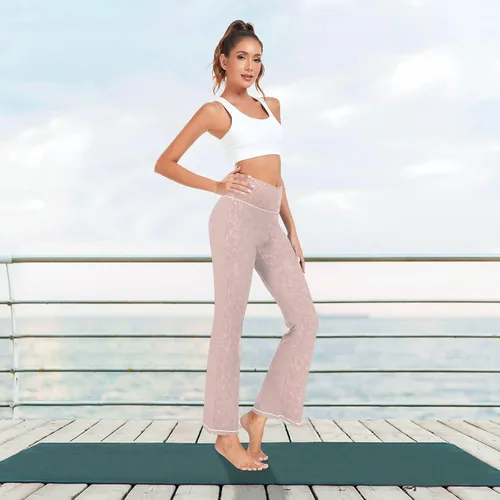 Vista 7 de Pantalones de trabajo de yoga con purpurina dorada rosa para mujer, pantalones elásticos para mujer, leggings acampanados