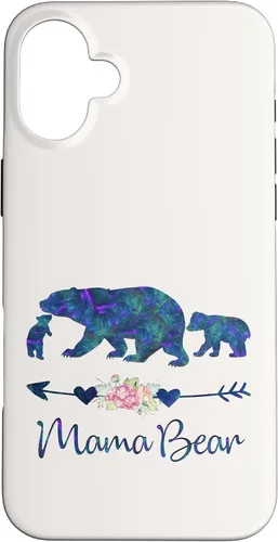 Vista 22 de Teal Blue Purple Floral Mama Bear and Two Cubs White Case for iPhone 16