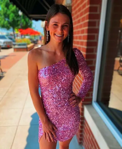 Vista 6 de Vestidos cortos de regreso a casa de un hombro para adolescentes, vestido de fiesta con lentejuelas brillantes y ajustadas con mangas