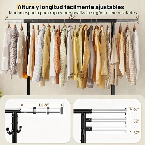 Vista 4 de Raybee Perchero resistente de 75 pulgadas de ancho, 450 libras, almacenamiento de ropa de metal con estante, ruedas con bloqueo y tapones