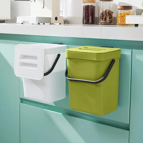 Vista 7 de Domiella Paquete de 2 botes de basura pequeños colgantes con tapa (1.3 + 0.8 galones), contenedor de compost de cocina para encimera o debajo