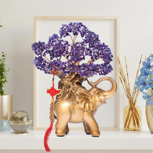 Vista 7 de Árbol de Dinero de Cristal de Amatista GEMBOURY en Estatua de Elefante Dorado, Bonsái Grande de 43 cm de Árbol de la Vida, Regalo de Decoración