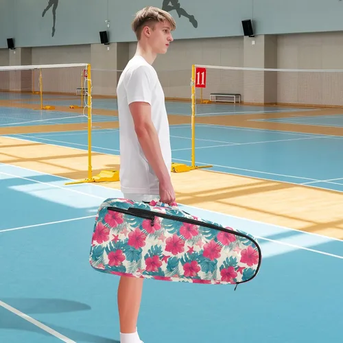 Vista 8 de Mochila de tenis para adultos, gran almacenamiento, hojas tropicales, flores de hibisco rojo, estrellas de mar, estilo hawaiano, bolsa de raqueta