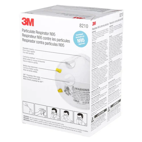 Vista 12 de 3M 8210 Respirador de partículas, N95, paquete de 20 respiradores desechables, APROBADO POR NIOSH, diseño de copa de dos correas, ligero con espuma
