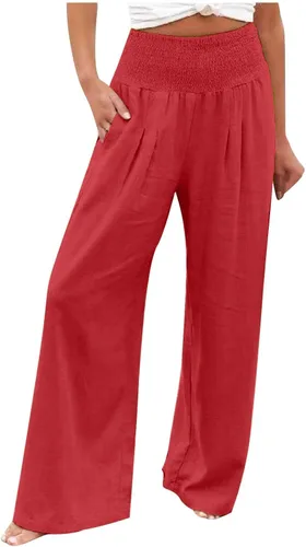 Vista 16 de SHAOBGE Pantalones palazzo de verano para mujer, cintura alta, pierna ancha, casual, cintura elástica, pantalones de playa con bolsillos