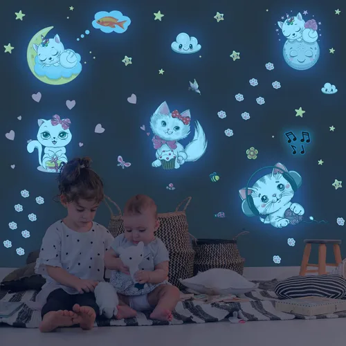 Vista 9 de Estrellas que brillan en la oscuridad para la habitación, adhesivos de pared/techo que brillan de gatos, calcomanías de mariposas de gatito
