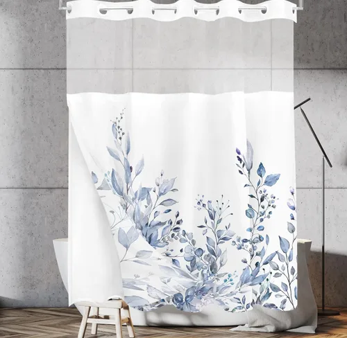 Vista 94 de Tititex - Juego de cortinas de ducha de eucalipto negro, hojas de acuarela gris en la parte superior, con decoración floral de baño, 60 x 72