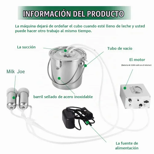 Vista 4 de Máquina de ordeño eléctrica de vaca de 7L, bomba de vacío de pulsación automática recargable con batería con 2 tazas de pezón, cubo de acero