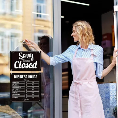 Vista 2 de Señales de horario comercial abierto y cerrado, letreros cerrados abiertos de doble cara, horario comercial reemplazable decoración colgante