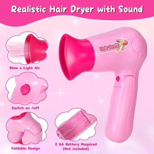 Vista 3 de VGOFUN Juguetes de peluquería para niñas, 27 piezas, juego de salón de belleza para niños, mini tocador con espejo y luz, secador de pelo